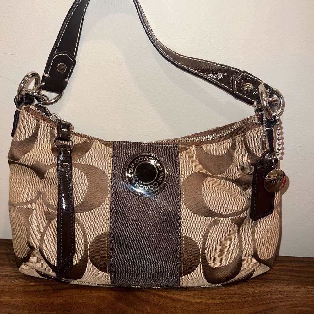 Coach Khaki Canvas Signature C with Brown Leather Crossbody Bag C1295-F19218